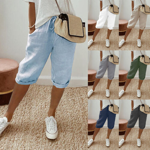 Women Bermuda Shorts Solid Color Knee Length Short Pants Ladies Drawstring US ##