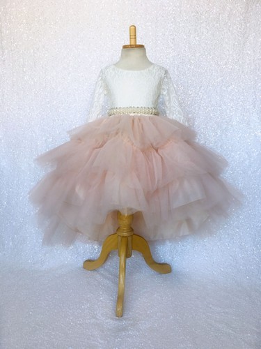 Ivory Lace 3/4 Sleeve Multicolor High Low Tulle Ruffle Flower Girl Dress Wedding - Picture 11 of 50