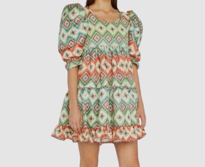 $695 Autumn Adeigbo Women Green Oona Abstract Puffed-Sleeve Tiered Mini  Dress 8 | eBay