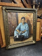 1925 Oil Painting Wilbur G. Adam Signed American Artist Japanese Man In Kimono