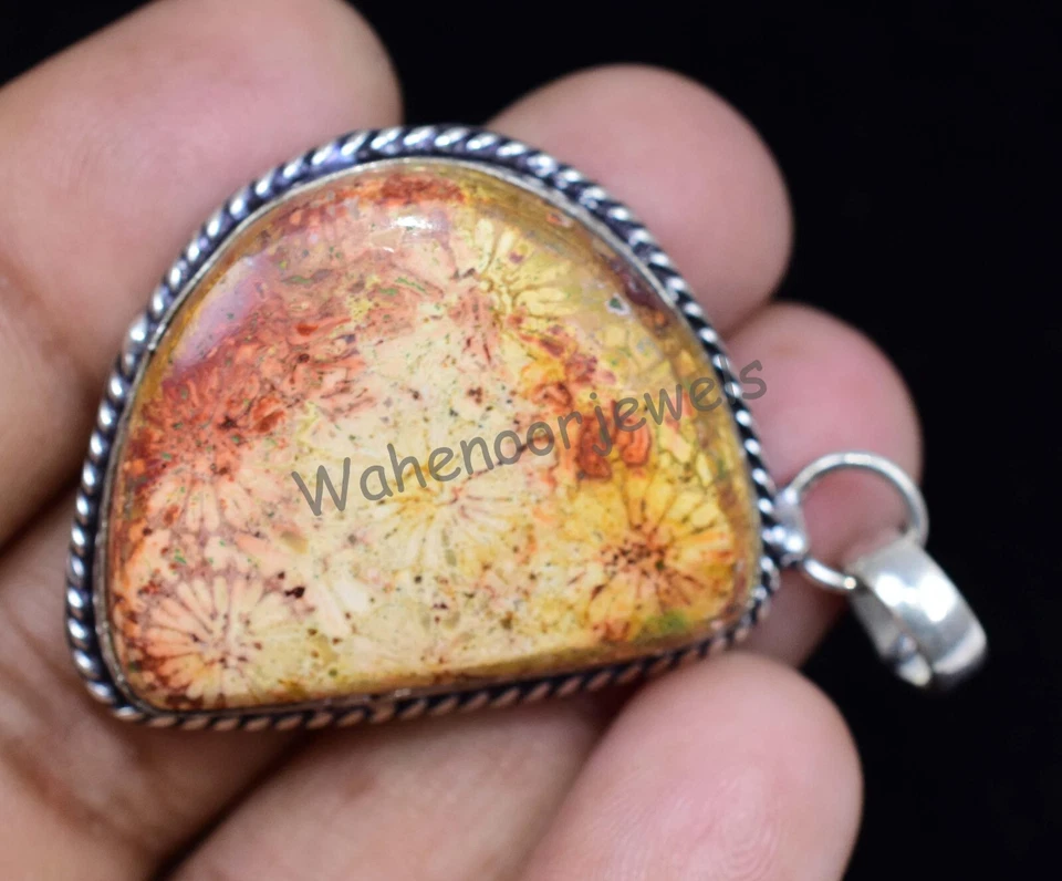 57.50 KT Fossil Corallo Diaspro Gemme 925 Argento Pendente Gioielli Certificato - Immagine 2 di 4