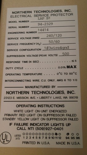 NORTHERN TECHNOLOGIES TRANSIENT VOLTAGE SURGE SUPPRESSOR TCS MODEL LAP B1 - Picture 6 of 9