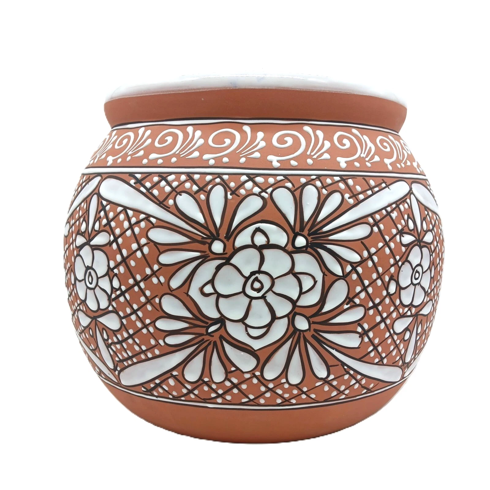 talavera pottery planter mexican terracotta flower pot hand painted ceramic extra large mediterranean rustic natural style outdoor white floral michoacana pattern handmade round