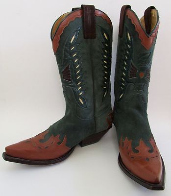 Senka Spain Green Suede & Brown Leather Cowboy Boots Sz 40/9.5