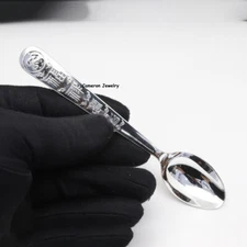 Pure Solid S999 Fine Silver Healthy Tableware Carved Bless Fu Soup Spoon 5inch