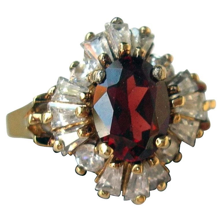 Vintage Ladies Gold over Sterling Garnet Baguette Cocktail Ring size