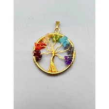 Handcrafted Tree of Life Pendant Gold Tone Wire Colorful Semiprecious Stone Chip