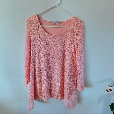 Katie's Kloset Women s S Tunic Pink Floral Lace Bell Sleeve Lined Stretch Top