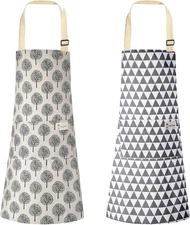 2 Pack Aprons with 2 Pocket for Women Men Soft Linen Adjustable Bib Kitchen Cook