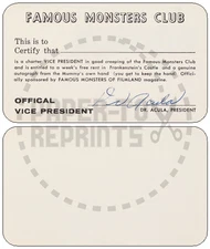 FAMOUS MONSTERS CLUB MEMBERSHIP CARD - BEIGE COLOR - VINTAGE REPRINT