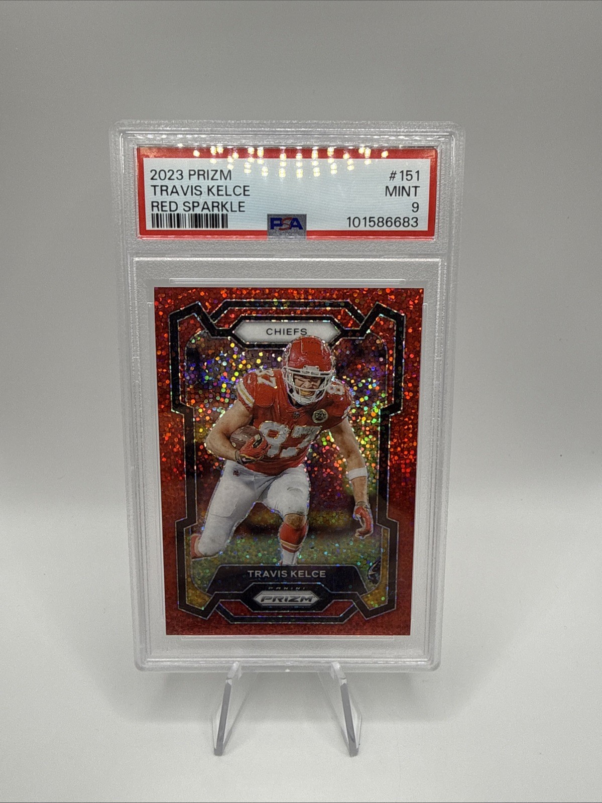 2023 Panini Prizm Travis Kelce Red Sparkle SSP Chiefs #151 PSA 9