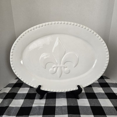 MSC Large Heavy Oval Serving Platter Raised  Fleur De Lis  Bead Trim Design