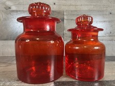 Vintage Takahashi Hand Blown Ruby Red Glass Apothecary Jar Set Of 2 W/Lids MCM