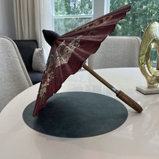 Vintage Hand Made And Painted Thailand Crimson Parasol With Peacock and Flowers