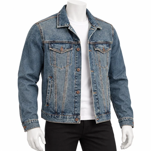 Denim Trucker Jacket XL Blue Washed Cotton Lazer Button Up Classic Jean Jacket - product listing photo