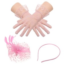 Fascinators Hat Clip Set with Hair Clip and Short Floral Lace Gloves Pink