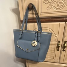 Michael Kors Blue Solid Tote Bag Zip Closure Gold Hardware Bag Charm