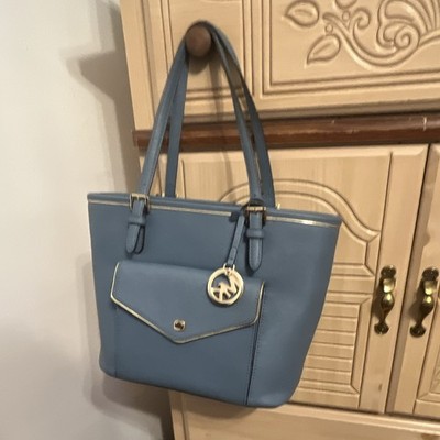 Michael Kors Blue Solid Tote Bag Zip Closure Gold Hardware Bag Charm