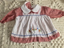 Vintage Gingham Baby Dress Apron Style Bluebird Embroidered Cottagecore red