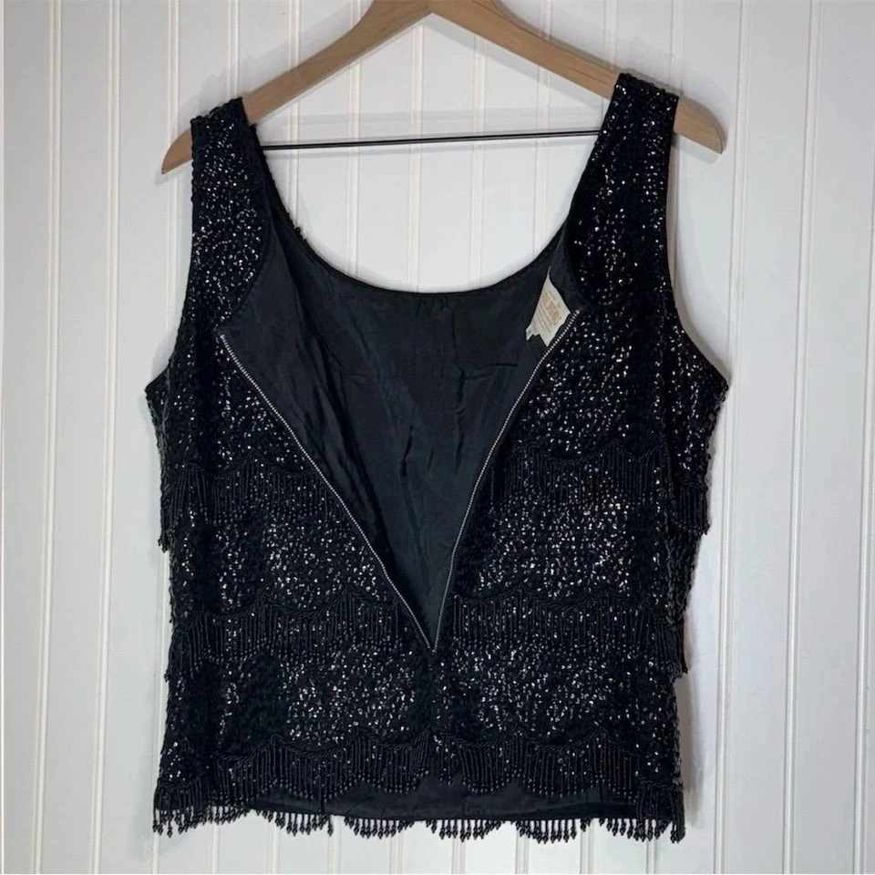De Colección Años 60 De Paul 40 Negro Cuentas Lentejuelas Flecos Top 100% Lana Decorado a Mano Tanque Foto 3 de 4