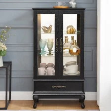 Lighted Glass Door Curio Display Cabinet w/ Adjustable Shelves & Drawer