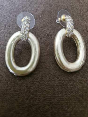 Gold-tone Earrings Brushed-texture Oval Loop Suspended from Pavé CZ Post