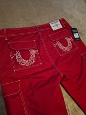 NWT 159 True Religion Cargo Pants Red White Contrast Stitch Mens 36 x 32 700820