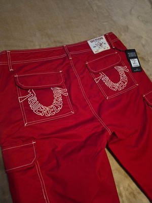 NWT $159 True Religion Cargo Pants Red White Contrast Stitch Mens 36 x 32 700820