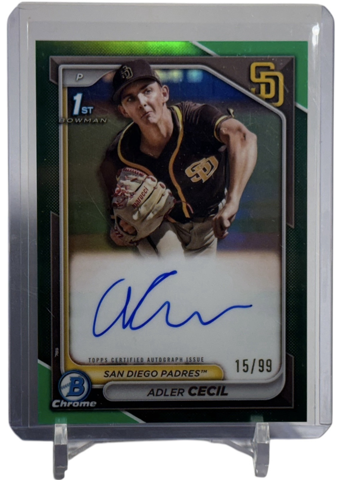 2024 Bowman Chrome Adler Cecil Prospect Auto Green Refractor 1st Card #15/99 SP