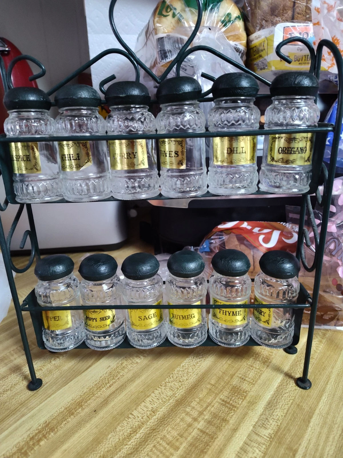 Vintage Spice Rack W/ Spice Jars Metal Lids Excel Cond *Some Plastic Tab Broken