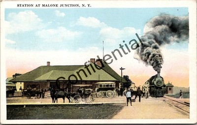 RR Railroad Station w/ Steam Locomotive Malone Junction NY Adirondacks Y317