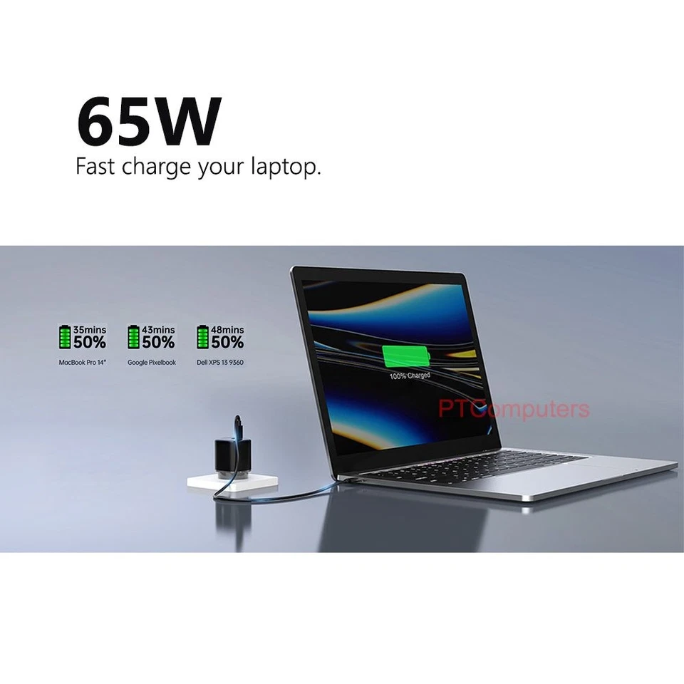65W USB-C Laptop charger, GaN Compact Charger For Lenovo ThinkPad Acer Dell HP - image 2 of 4