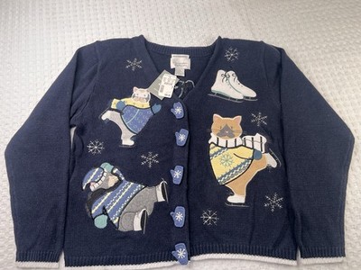 Christopher & Banks Hand Embroidered Cat Sweater Cardigan Ice Skating Sz M VTG
