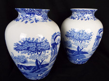 Pair Spode Blue Italian Ovoid Vases, Blue & White Transferware Landscape E28