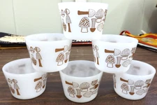 VTG. MID-CENTURY GLASBAKE CUSTARD DESSERT BOWL LOT MUSHROOMS MILK GLASS RAMEKIN