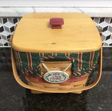 1995 LONGABERGER Cranberry Christmas Basket SET: Liner, Protector, Lid, Tie On