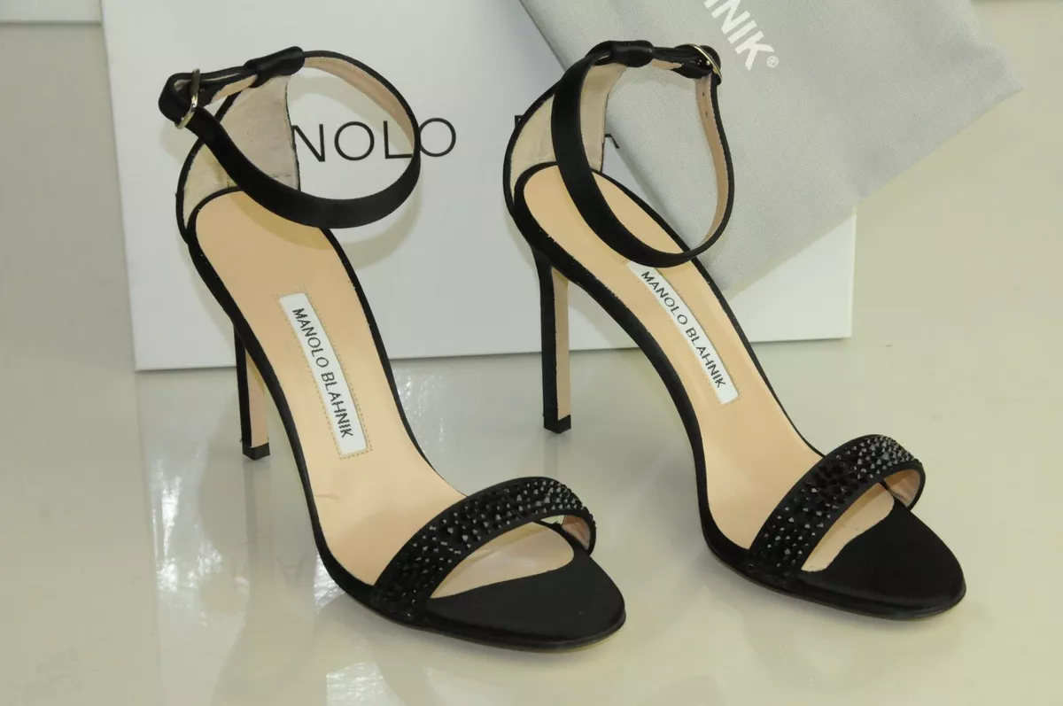 $865 New Manolo Blahnik CHAOS JET Black Satin Crystals Sandals