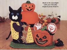 Plastic Canvas Halloween Black Cat Pumpkin Candy Dish Mobile Tote Frame Patterns