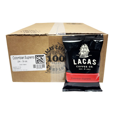 Lacas Coffee Co Ground Coffee, Colombian Supremo, 24/3oz Pre-Portioned Packets