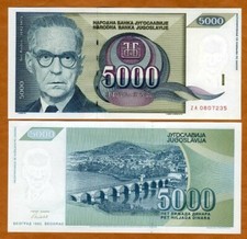 Yugoslavia, 5000 (5,000) Dinara, 1992, P-115r UNC ZA REPLACEMENT