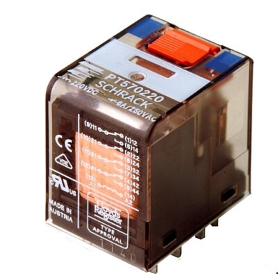 Relais 220V/ AC Spule, Schrack: PT570220 , Kon.4 Wechsler, 250VAC/6Amp. 1St
