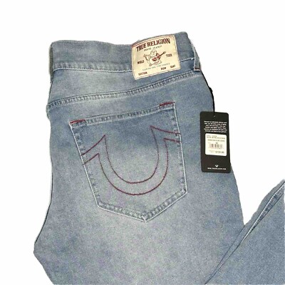 True Religion Jeans Men Geno SN Slim Red Stitch Light Blue Wash