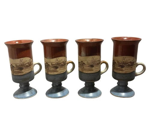 Vtg Otagiri Handmade Irish Footed Coffee Mug Cups (4) Mallard Ducks Stoneware