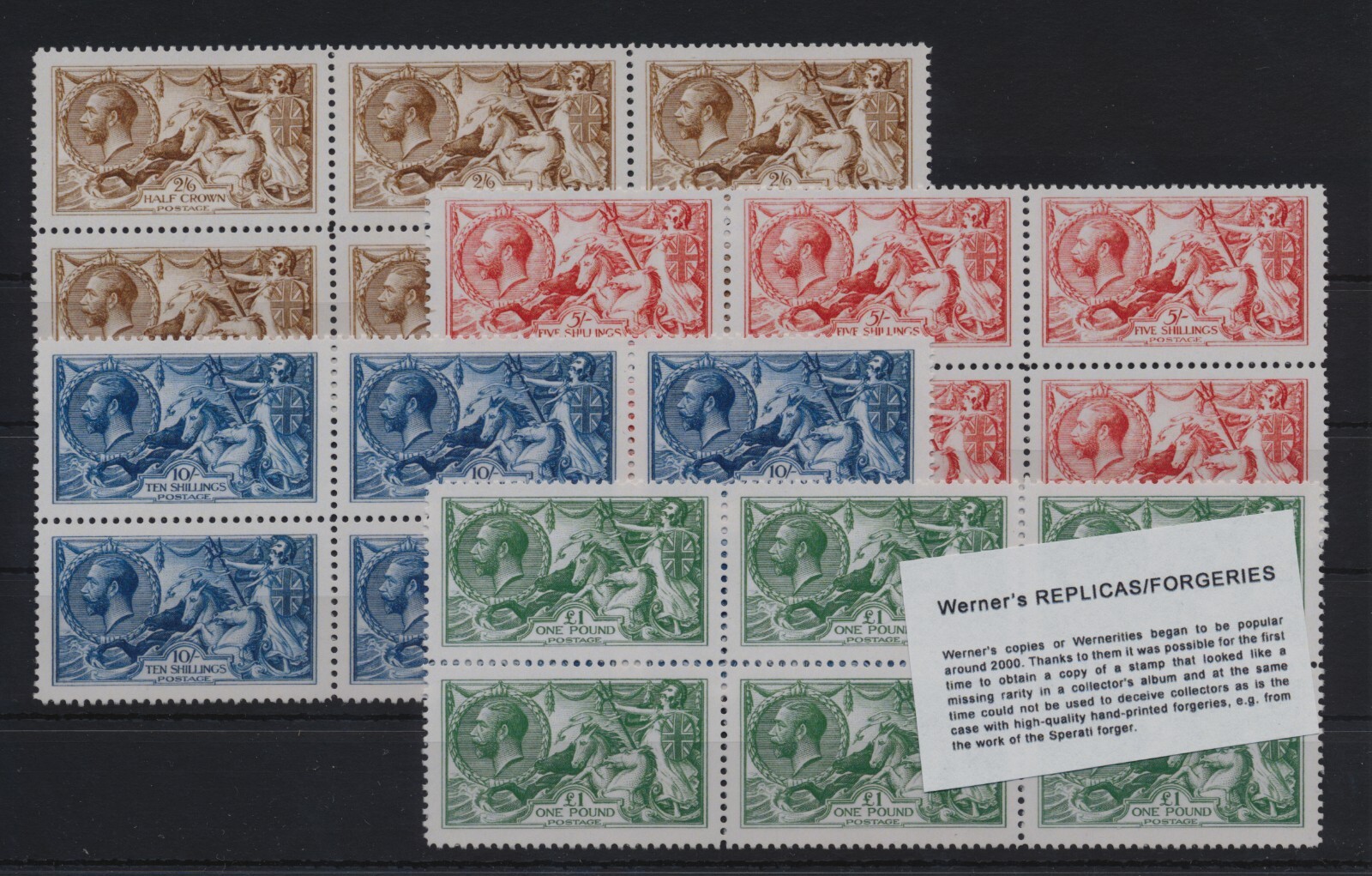 FORGERY - Werner's FORGERY/REPLICA of UK Seahorses 1913-18 - FULL SET in 6-block