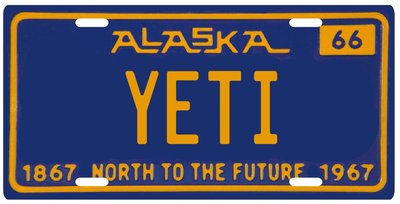 Bigfoot YETI Sasquatch metal 1966 North to the Future Alaska License Plate