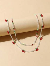 2pcs Beaded Cherry Decor Necklace for Women Girls Accessories Jewelry Gifts Gift
