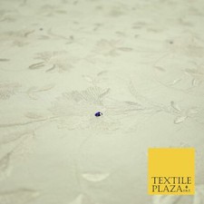 Luxury Ivory Flower Bloom Blue SWAROVSKI Embroidered 100% PURE SILK Fabric 4655