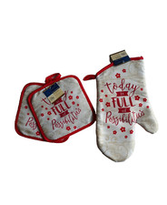 Kitchen Oven Mitt 2 Pot Holders Cream Red Today New 3 pcs Set
