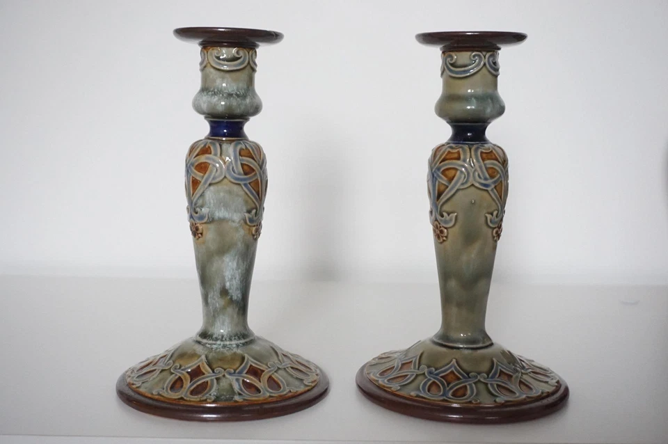 Pair Royal Doulton Lambeth Candlesticks - Art Nouveau - Louisa Wakely - c.1905 - Image 4 of 4