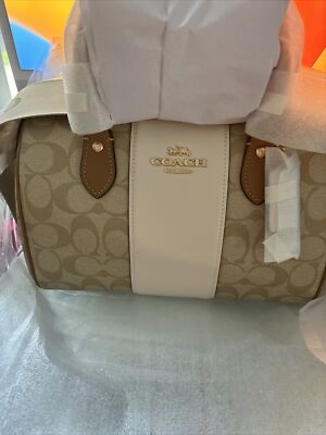 NWT COACH ROWAN SATCHEL IN SIG CANVAS WITH STRIPE IN IM/LIGHT KHKI/CHALK LT SDL